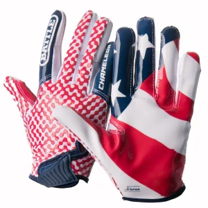 Luvas de futebol americano Battle Sports para adultos, modelo "USA Flag" Chameleon Receiver - Vermelho/Branco/Azul